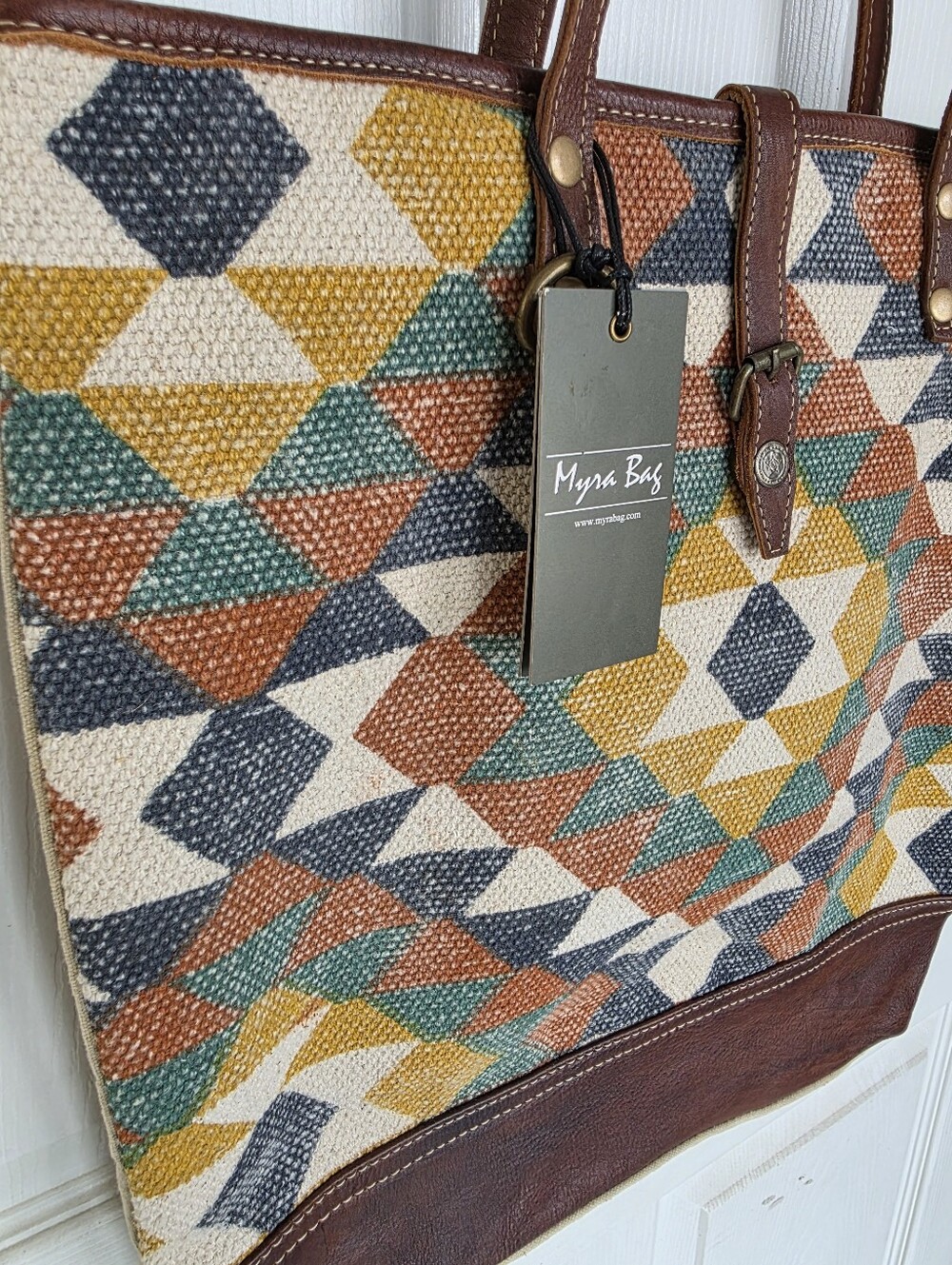 Myra Bag Quirky Tote Bag S-1962 Canvas Leather Southwest Geometric NWT - Picture 2 of 8
